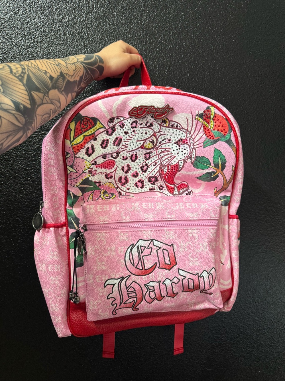 Ed Hardy Pink Leopard & Floral Print Backpack
